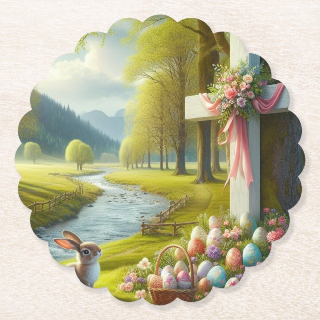 Easter cross with bunny & eggs paper coaster (Front)