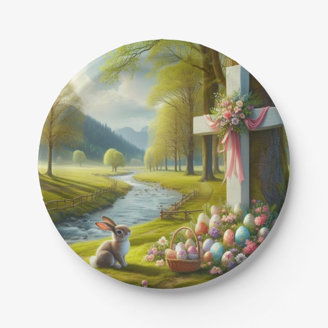 Easter cross with bunny & eggs paper plates (Front)