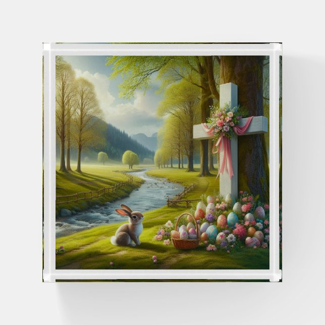 Easter cross with bunny & eggs paperweight (Front)
