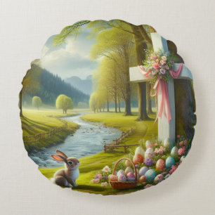 Easter cross with bunny & eggs round pillow