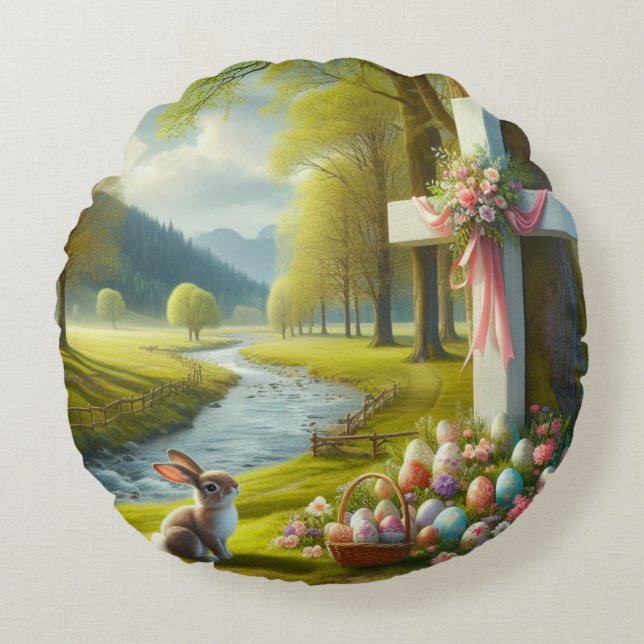 Easter cross with bunny & eggs round pillow (Front)
