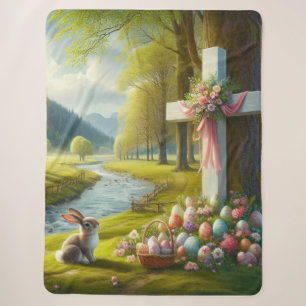 Easter cross with bunny & eggs sherpa blanket