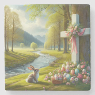 Easter cross with bunny & eggs stone coaster