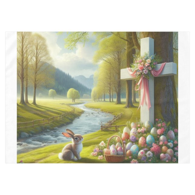 Easter cross with bunny & eggs tablecloth (Front (Horizontal))