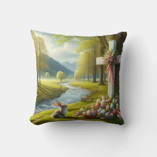 Easter cross with bunny & eggs throw pillow