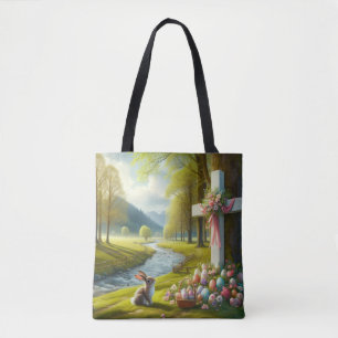 Easter cross with bunny & eggs tote bag