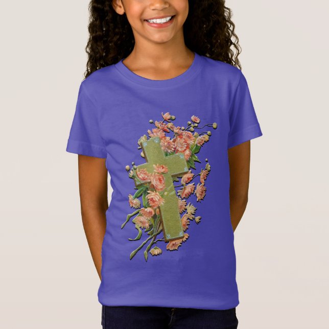 Easter Cross with Pink Flowers Purple Shirt (Front)