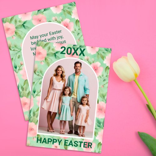 Easter Custom Photo Pastel Pink  Green Florals Holiday Card