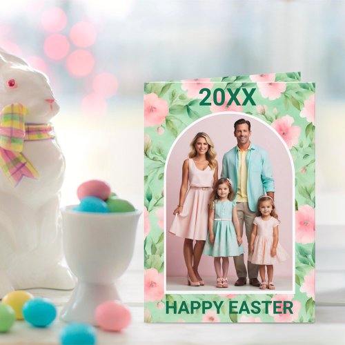 Easter Custom Photo Pastel Pink  Green Florals Holiday Card