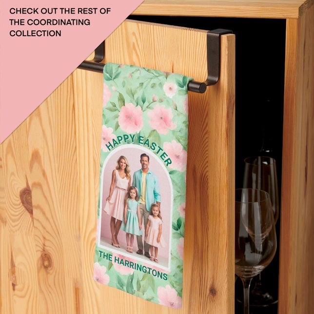 Easter Custom Photo Pastel Pink & Green Florals Kitchen Towel (Creator Uploaded)