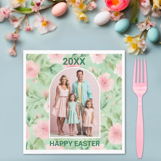 Easter Custom Photo Pastel Pink & Green Florals Napkins (Creator Uploaded)