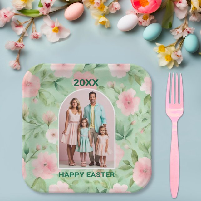 Easter Custom Photo Pastel Pink & Green Florals Paper Plates (Creator Uploaded)