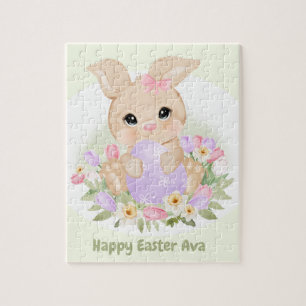 Easter Cute Bunny Pink Purple Egg Custom Name Jigsaw Puzzle