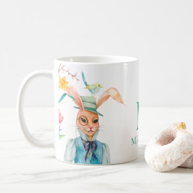 Easter Cute Bunny Rabbit Spring Flowers Monogram Coffee Mug (With Donut)