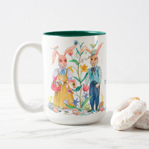 Easter Cute Bunny Rabbits Spring Flowers Monogram Two-Tone Coffee Mug