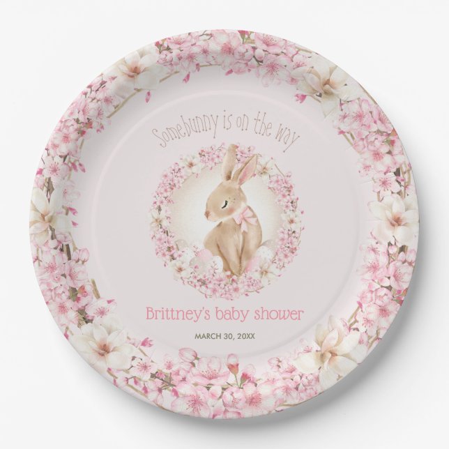 Easter Cute Bunny Spring Pink Girl Baby Shower Paper Plates (Front)