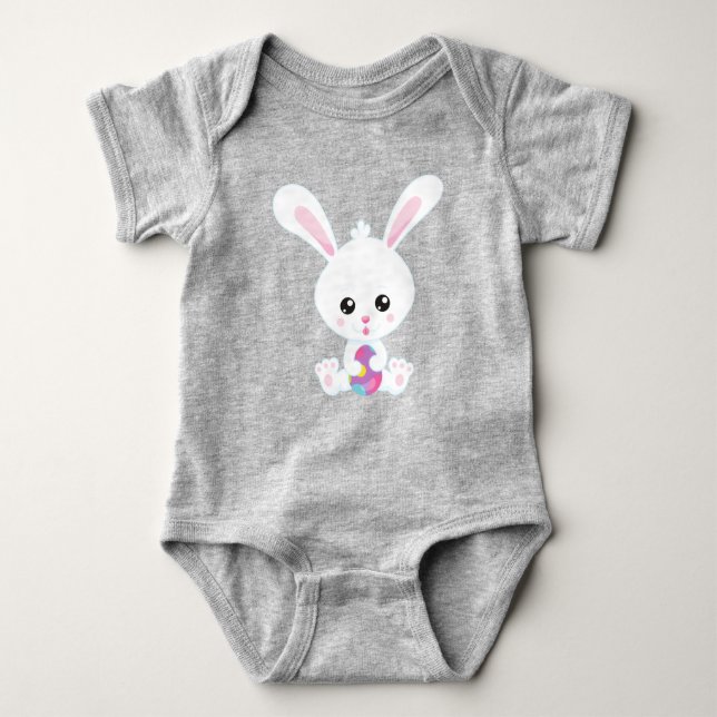 Easter, Cute Bunny, White Bunny, Easter Eggs Baby Bodysuit (Front)