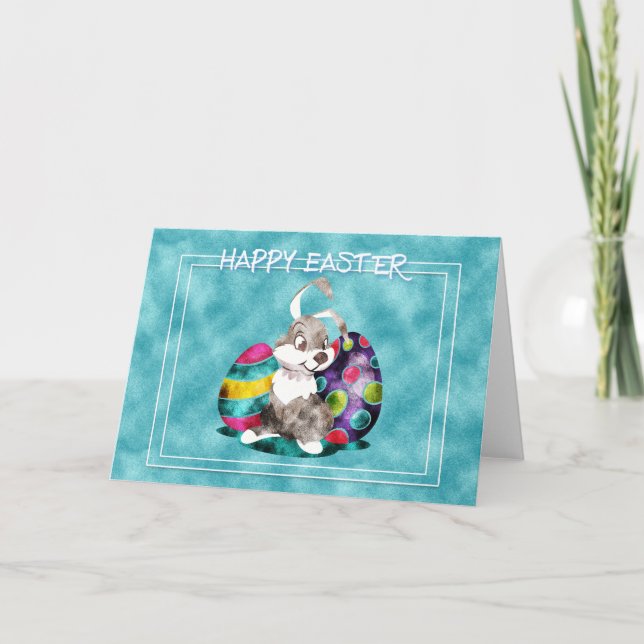 Easter - Cute Bunny with Eggs Holiday Card (Front)