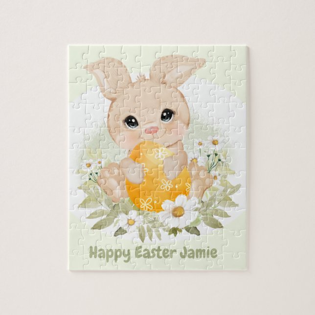 Easter Cute Bunny Yellow Egg Personalized Name Jigsaw Puzzle (Vertical)
