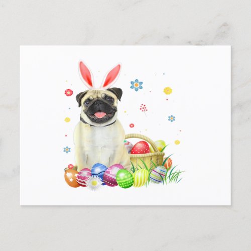 Easter Cute Dog Pug Bunny Eggs Basket Happy Easter Postcard