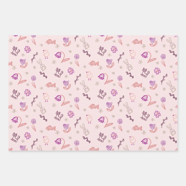 Easter cute doodle animals and flowers wrapping paper sheets (Front)