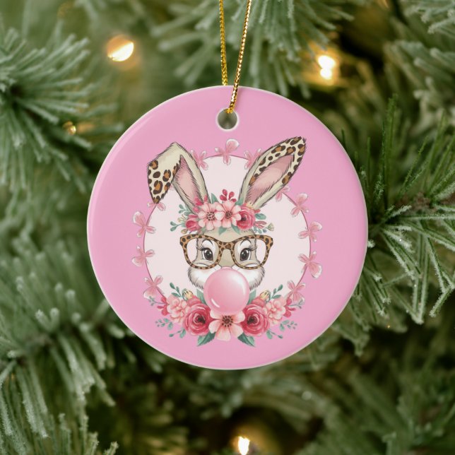 Easter Cute Floral Bunny Leopard Gift  Ceramic Ornament (Tree)