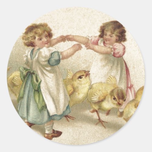 Easter_ Cute Girls with Chicks_Vintage Postcard Classic Round Sticker