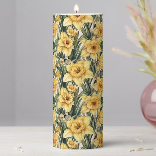 Easter Daffodils Spring Flowers Watercolor Yellow  Pillar Candle