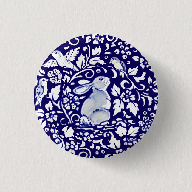 Easter Dark Blue & White Rabbit Dedham Delft Button (Front)
