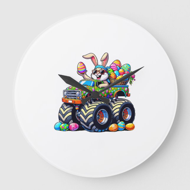 Easter Day Bunny Monster Truck Eggs Cool Rabbit T- Large Clock (Front)