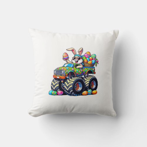Easter Day Bunny Monster Truck Eggs Cool Rabbit T- Throw Pillow
