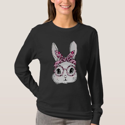 Easter Day Cute Bunny Face Sunglasses Leopard Head T_Shirt