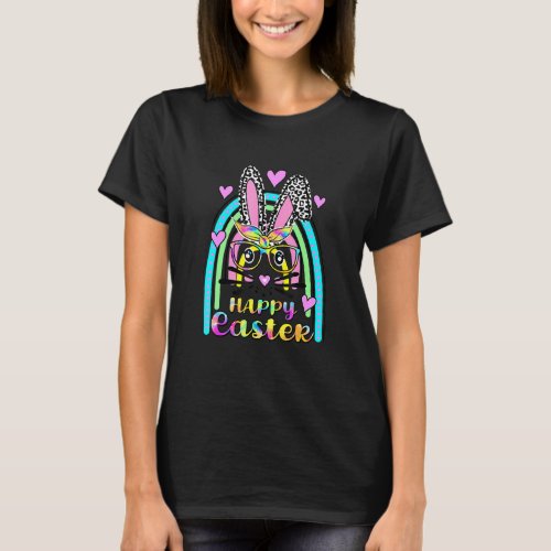 Easter Day Cute Bunny Face Tie Dye Glasses Rainbow T_Shirt