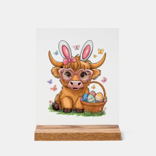 Easter Day Highland Cow Cute Easter Bunny Farmer W Acrylic Sign