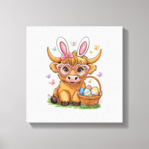 Easter Day Highland Cow Cute Easter Bunny Farmer W Canvas Print