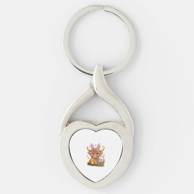 Easter Day Highland Cow Cute Easter Bunny Farmer W Keychain (Front)