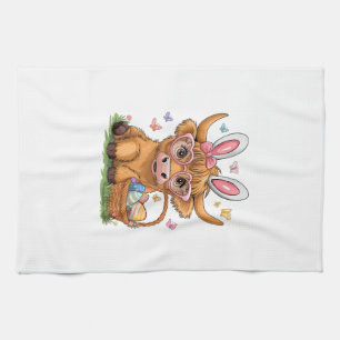 Easter Day Highland Cow Cute Easter Bunny Farmer W Kitchen Towel