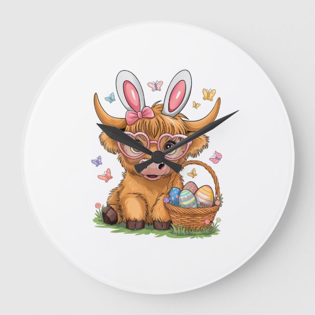 Easter Day Highland Cow Cute Easter Bunny Farmer W Large Clock (Front)