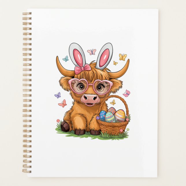 Easter Day Highland Cow Cute Easter Bunny Farmer W Planner (Front)