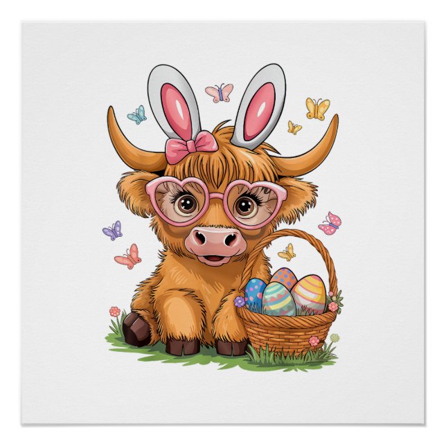 Easter Day Highland Cow Cute Easter Bunny Farmer W Poster (Front)