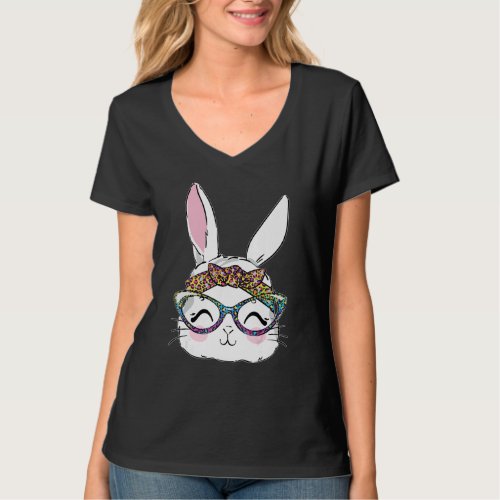 Easter Day Leopard Tie Dye Bow Bunny Glasses Cute  T_Shirt