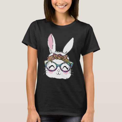 Easter Day Leopard Tie Dye Bow Bunny Glasses Cute  T_Shirt