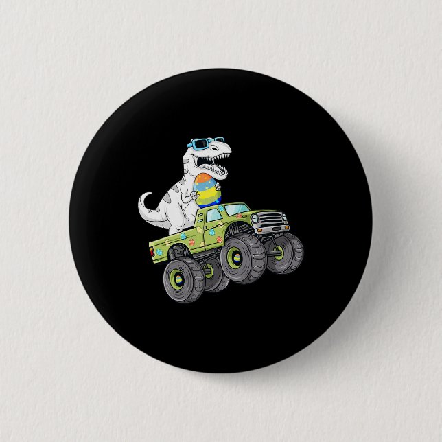 Easter Day T Rex Dino Riding A Monster Truck Boys  Button (Front)