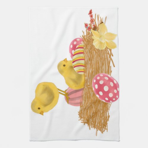 Easter decor easter eggs and chickens in a nest kitchen towel