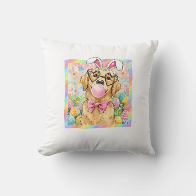 Easter Dog Bunny Ear Funny Golden Retriever Easter Throw Pillow (Front)