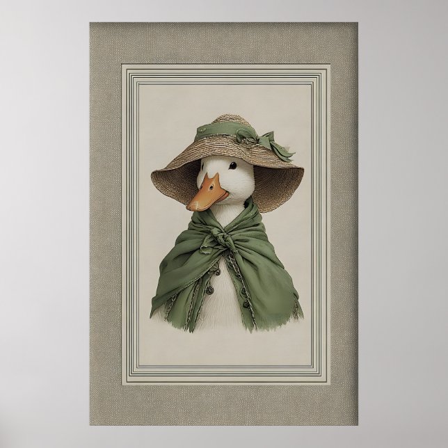 Easter Duck Portrait Art Print, Spring Sage Green Poster (Front)