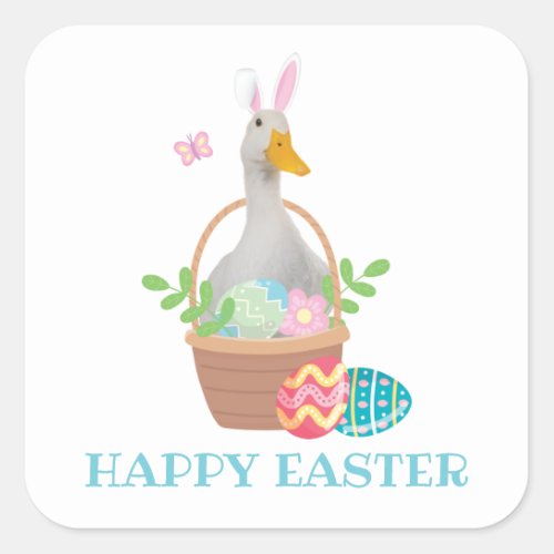 Easter Duck with Bunny Ears Square Sticker