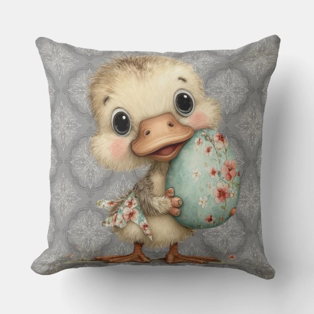 Easter Duckling Gray Damask Pattern Throw Pillow (Front)