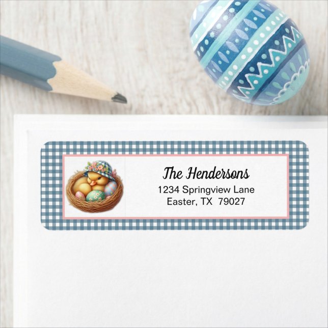 Easter Duckling with Eggs on Blue Gingham Plaid Label (Creator Uploaded)