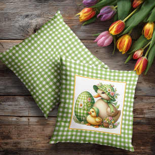 Easter Ducks Easter Egg & Flowers on Green Gingham Throw Pillow